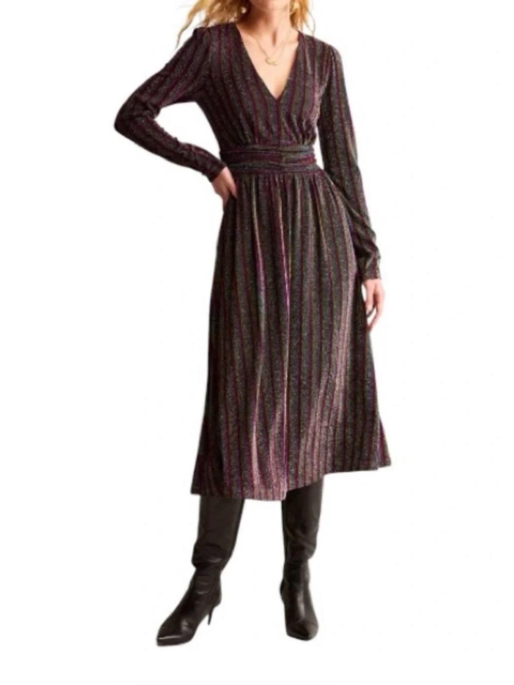 Boden Shimmer Glitter Long Sleeve Stripe Maxi Dress